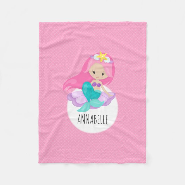 Cute Sjöjungfru Princess Girl Girl Sea Snäcka Rosa Fleecefilt (Framsidan)