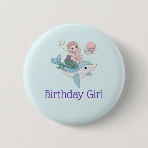 Cute Sjöjungfru Riding a Dolphin Birthday Girl Knapp