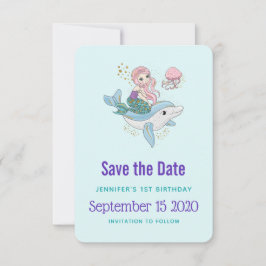 Cute Sjöjungfru Riding a Dolphin Birthday Spara Datumet