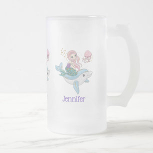 Cute Sjöjungfru Riding a Dolphin under Sea Frostat Ölglas