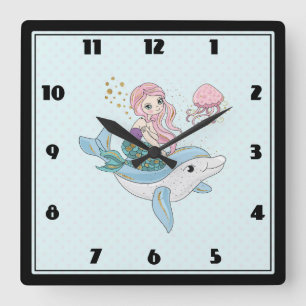 Cute Sjöjungfru Riding a Dolphin under Sea Fyrkantig Klocka