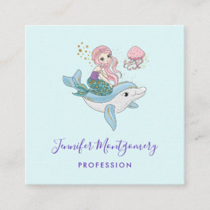 Cute Sjöjungfru Riding a Dolphin under Sea Fyrkantigt Visitkort