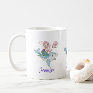 Cute Sjöjungfru Riding a Dolphin under Sea Kaffemugg