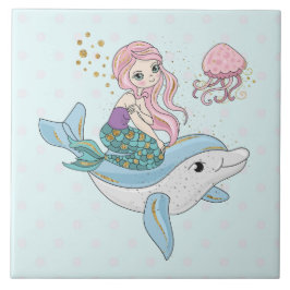 Cute Sjöjungfru Riding a Dolphin under Sea Kakelplatta