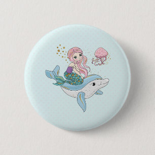 Cute Sjöjungfru Riding a Dolphin under Sea Knapp