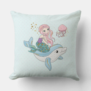 Cute Sjöjungfru Riding a Dolphin under Sea Kudde