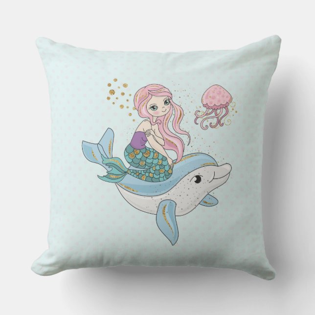 Cute Sjöjungfru Riding a Dolphin under Sea Kudde (Framsida)