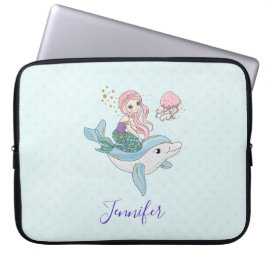 Cute Sjöjungfru Riding a Dolphin under Sea Laptop Fodral