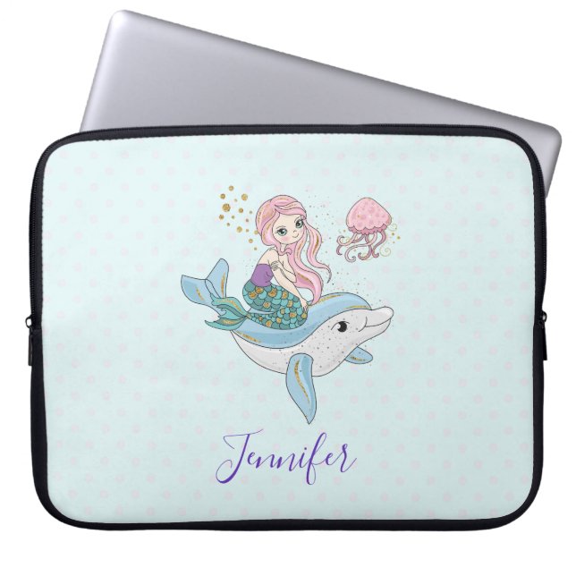 Cute Sjöjungfru Riding a Dolphin under Sea Laptop Fodral (Framsidan)