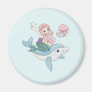 Cute Sjöjungfru Riding a Dolphin under Sea Magnet