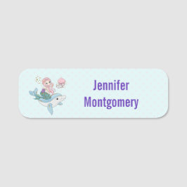 Cute Sjöjungfru Riding a Dolphin under Sea Namnbricka