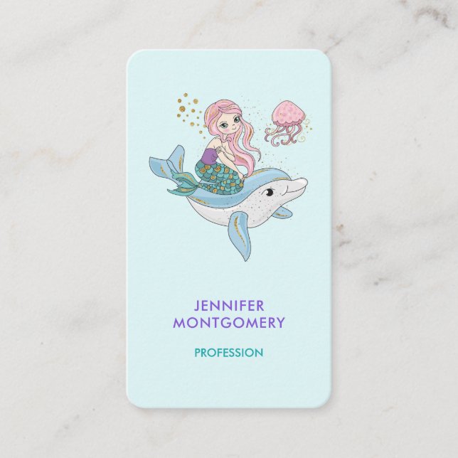 Cute Sjöjungfru Riding a Dolphin under Sea Visitkort (Framsida)