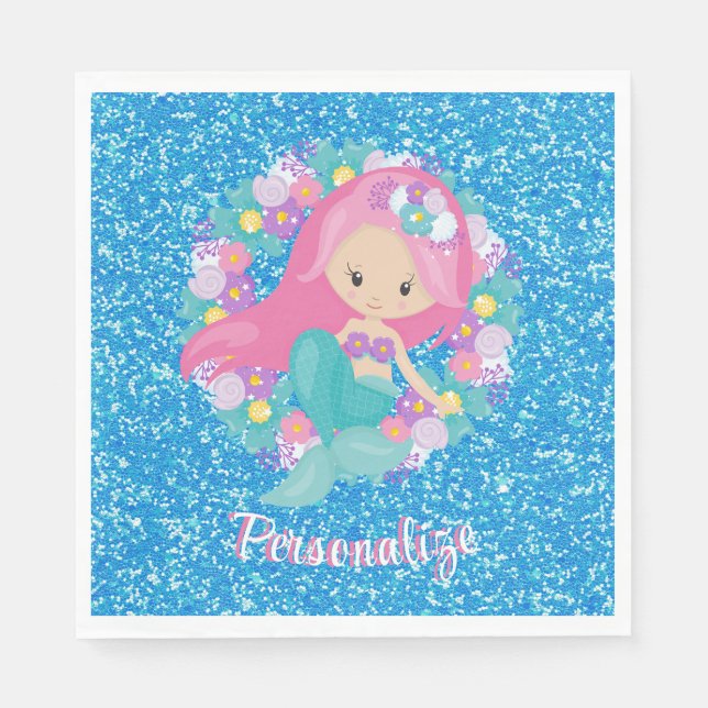 Cute Sjöjungfru Rosa Blue Glitter personalize Pappersservett (Framsidan)
