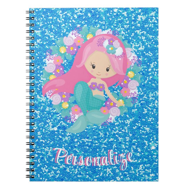 Cute Sjöjungfru Rosa Blue Glitter Personlig Anteckningsbok (Framsidan)