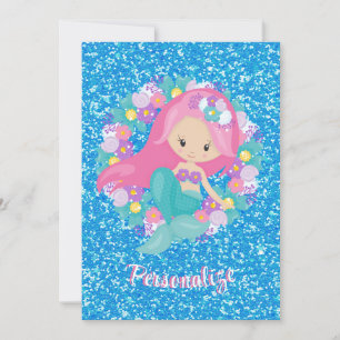 Cute Sjöjungfru Rosa Blue Glitter Personlig Inbjudningar