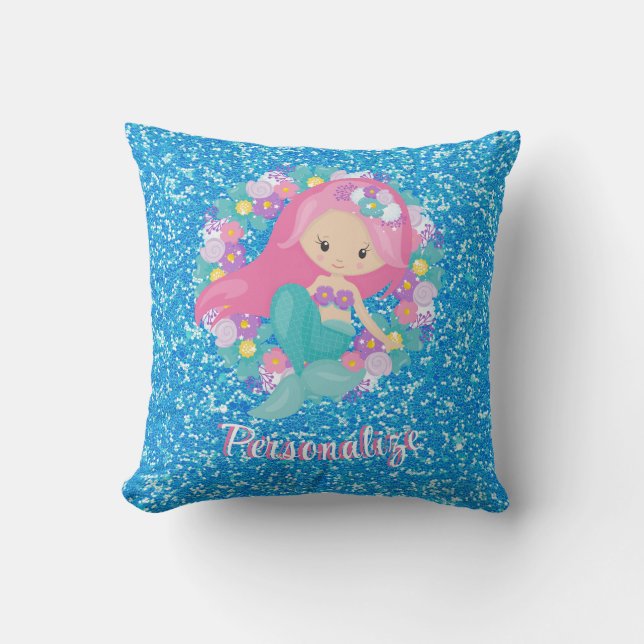 Cute Sjöjungfru Rosa Blue Glitter Personlig Kudde (Framsida)