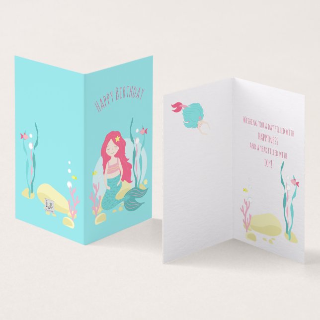 Cute Sjöjungfru Rosa och Mint Birthday för Girl Kort (In- och utsida)