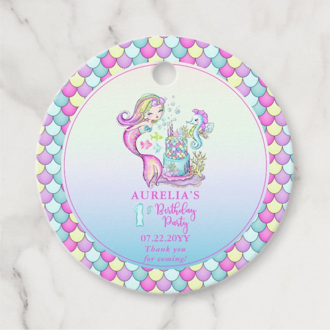 Cute Sjöjungfru | Sea Girl's 1st Birthday Party Gåvor Etiketter (Framsida)
