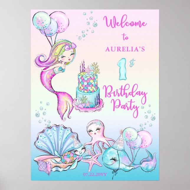 Cute Sjöjungfru | Sea Girl's 1st Birthday Party Po Poster (Framsidan)