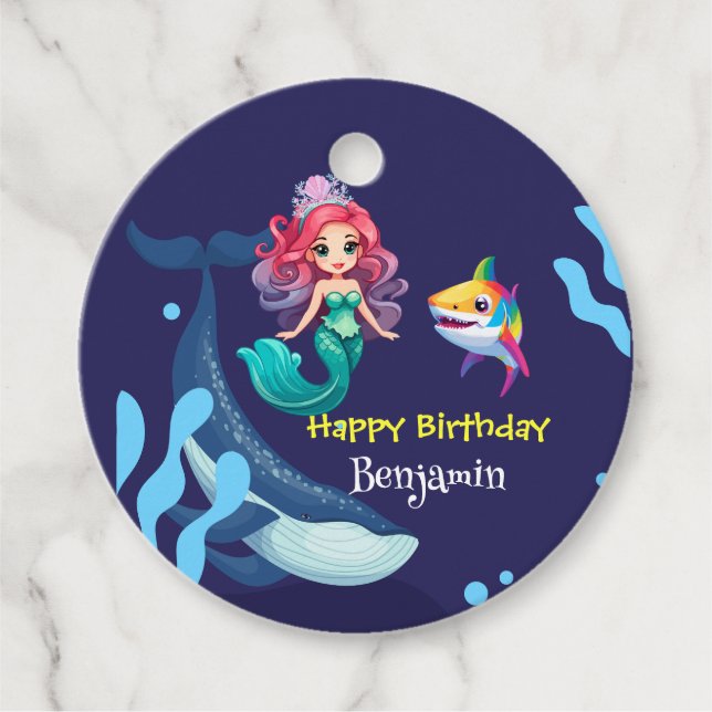 Cute Sjöjungfru shark Vålsnäckans färgfödelsedag Gåvor Etiketter (Framsida)