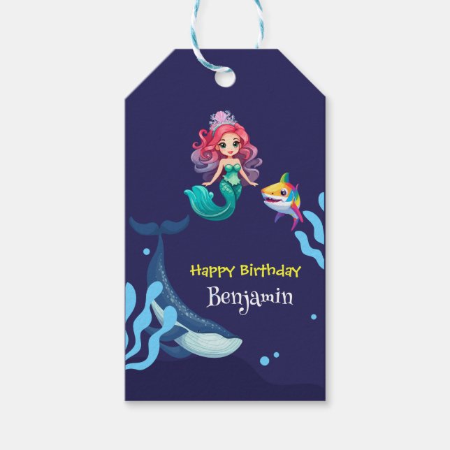 Cute Sjöjungfru shark Vålsnäckans färgfödelsedag Presentetikett (Framsidan)