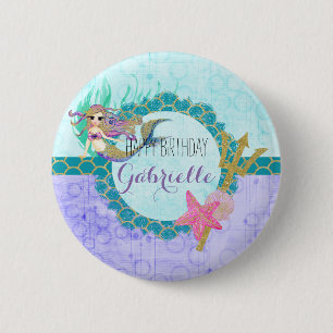Cute Sjöjungfru Teal & Lila Monogram Grattis på fö Knapp