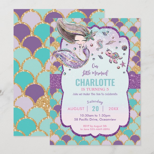 Cute Sjöjungfru under havets födelsedag i Bassäng Inbjudningar (Fram/baksida)