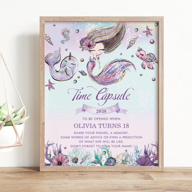 Cute Sjöjungfru under havets födelsedag Poster (zazzle-mermaid-brunette-girl-under-the-sea-1st-birthday-time-capsule-sign-poster-activity-printed)
