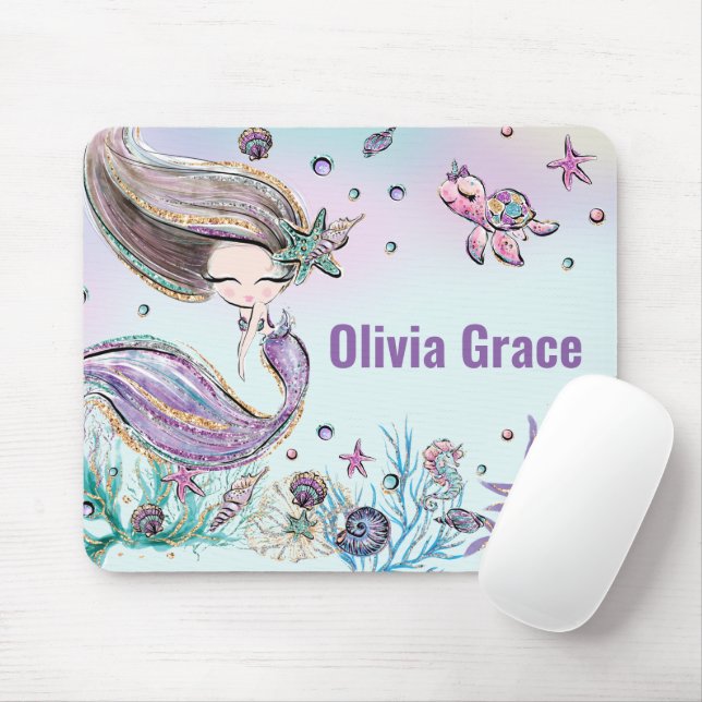 Cute Sjöjungfru under Sea Lila Glitter Musmatta (Med mus)