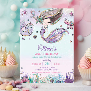 Cute Sjöjungfru under Sea Narwhal Lila Birthday Inbjudningar
