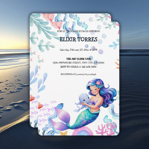 Cute Sjöjungfru under Sea Watercolor Baby Shower Inbjudningar
