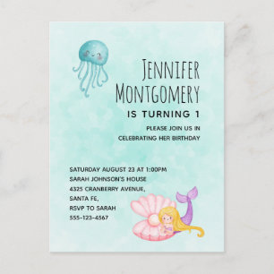 Cute Sjöjungfru under Sea Watercolor Birthday Inbjudan Vykort