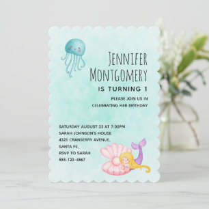 Cute Sjöjungfru under Sea Watercolor Birthday Inbjudningar