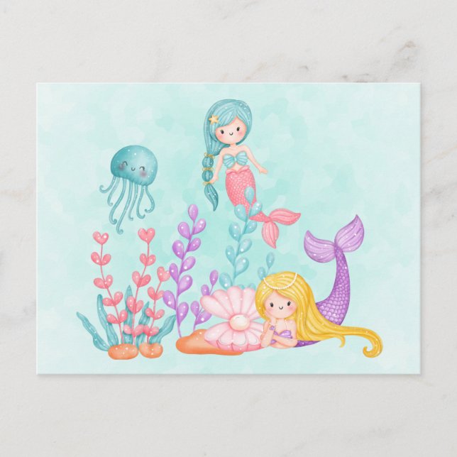 Cute Sjöjungfru under Sea Watercolor Vykort (Framsida)