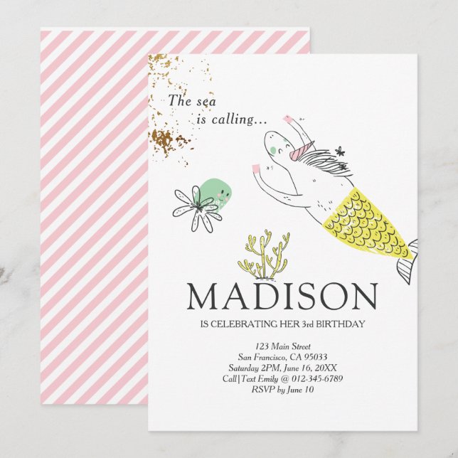 Cute Sjöjungfru Unicorn Faux Guld Birthday Call Inbjudningar (Fram/baksida)