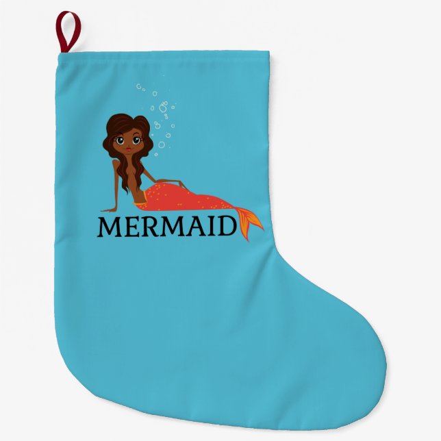 Cute Sjöjungfru (vacker svart flicka) Stor Julstrumpa (Framsidan)