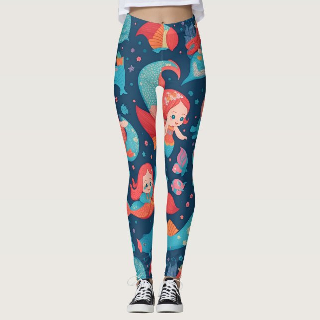 Cute Sjöjungfru Vattenfärgad Mönster Leggings (Framsida)
