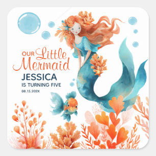 Cute Sjöjungfru Watercolor Ocean Girl Kids Birthda Fyrkantigt Klistermärke