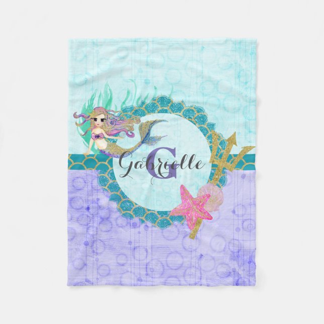 Cute Sjöjungfru Watercolor Teal & Lila Monogram Fleecefilt (Framsidan)