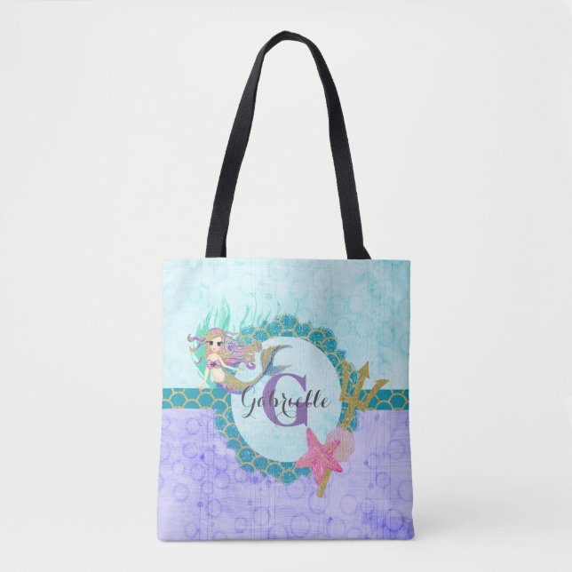 Cute Sjöjungfru Watercolor Teal & Lila Monogram Tygkasse (Framsida)
