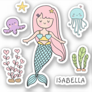 Cute Sjöjungfru Whimsical Girly Personlig Namn Klistermärken