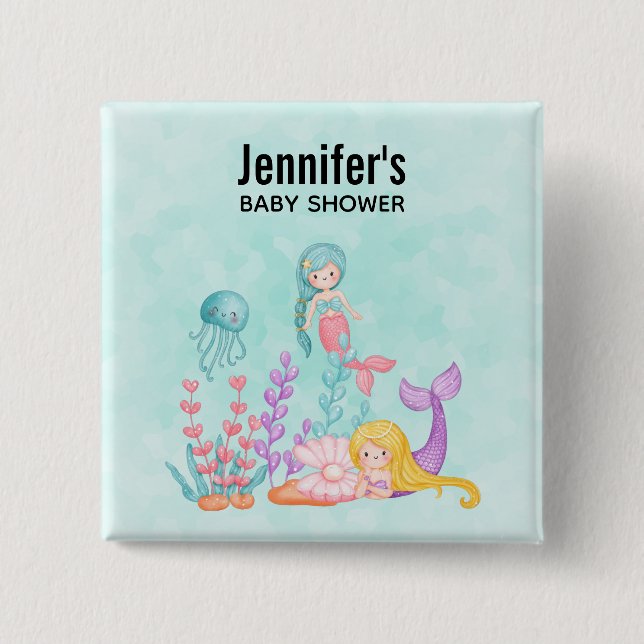 Cute-Sjöjungfruar under Sea Watercolor Baby Shower Knapp (Framsida)