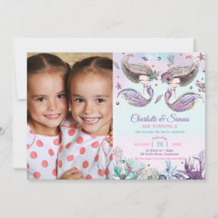 Cute Sjöjungfruars Twillingars Sisters Födelsedags Inbjudningar