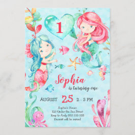 Cute Sjöjungfruars under Sea Girl First Birthday Inbjudningar