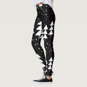 Cute Skandinavian Jul Black and White Träd Leggings