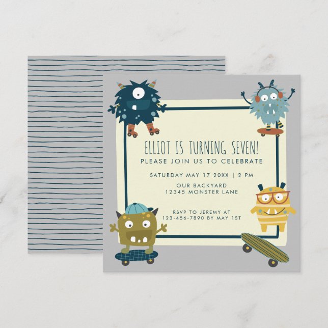 Cute Skateboard Monsters Birthday Boy 7:e Party Inbjudningar (Fram/baksida)