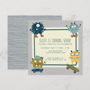 Cute Skateboard Monsters Birthday Boy 7:e Party Inbjudningar