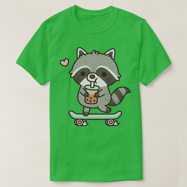 Cute Skateboarding Raccoon Drinking Boba Tea T Shirt (Design framsida)