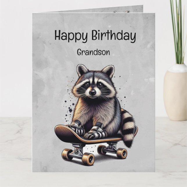 Cute Skateboarding Raccoon Grandson Birthday Kort (Framsida)