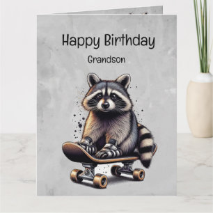 Cute Skateboarding Raccoon Grandson Birthday Kort
